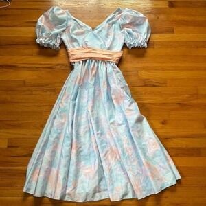 Vintage 80s Pastel Prom Dress Coquette Size Large Sash Puff Sleeve Handmade